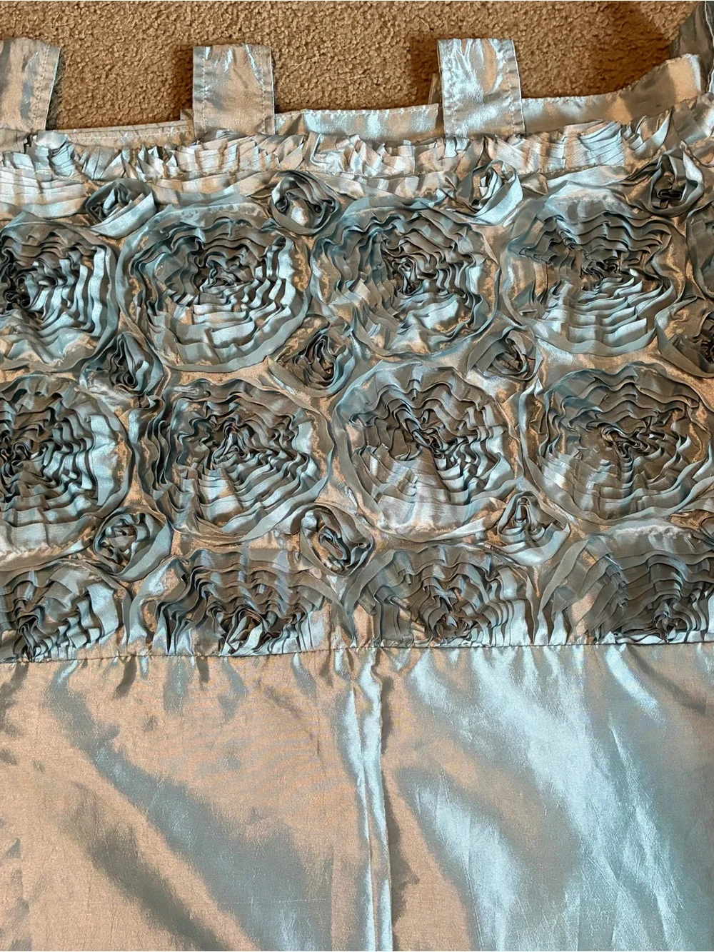 Set Of Two Teal Metallic Blue Silky Satin Curtain Panels 80x40 Inches Floral Top